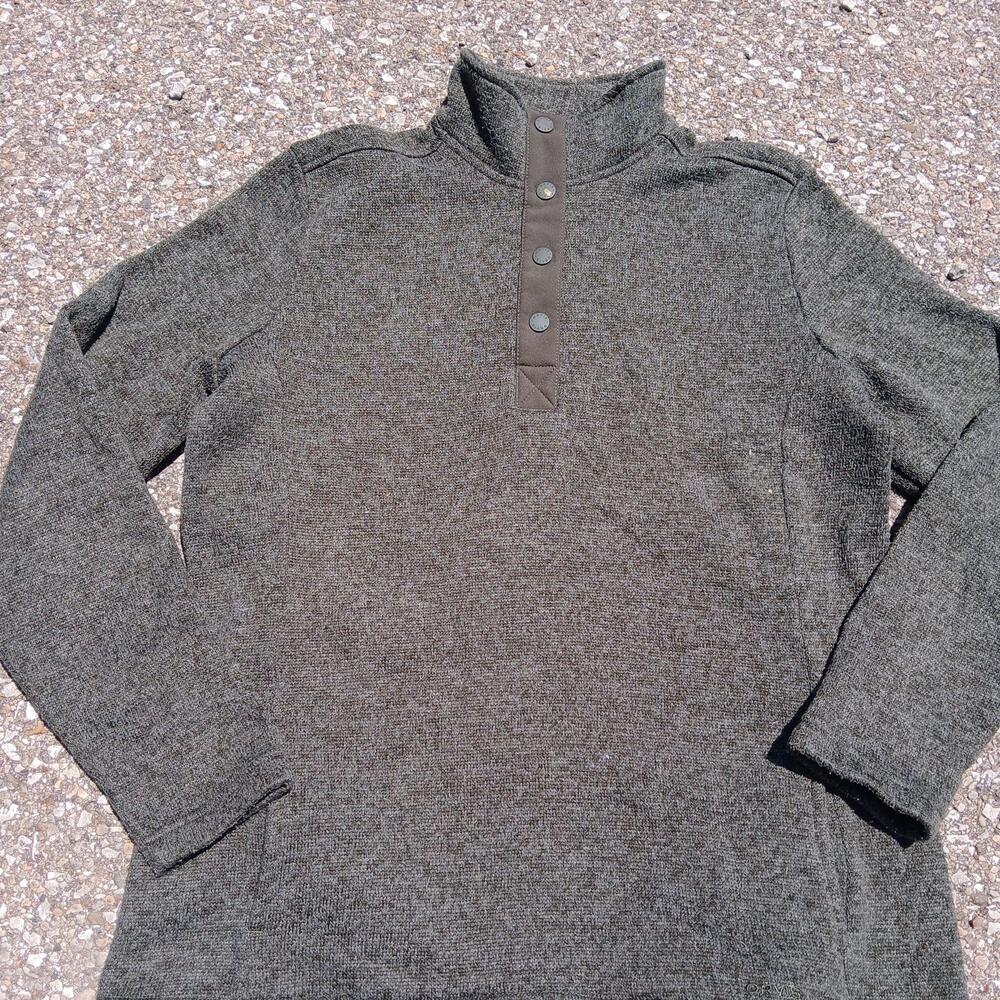 Orvis Sweater Mens Medium Green Snap Henley Mock Neck Knit Pullover Casual